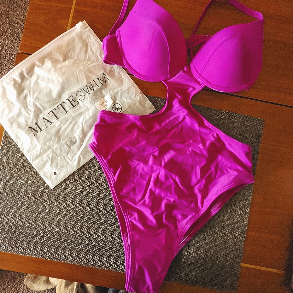 Matte Swim. Cut out swimwear in two sizes and 3 colors. Purp xs, Pink s, orange